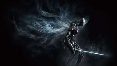 A dark knight kneels with a drawn sword, pale blue light streaming back from the shoulders like smoke.