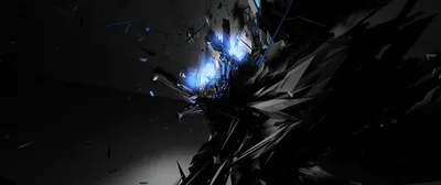 Dark fragments blow apart around a blue-white core, the pieces trailing away across a wide ultrawide frame.
