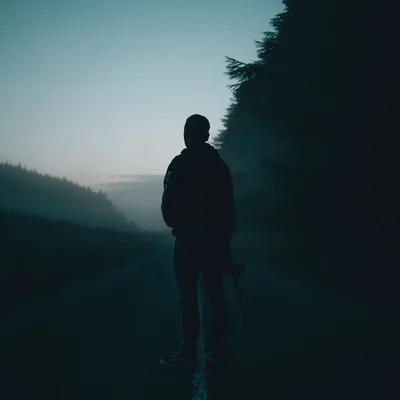 A man faces down an empty road that fades into pale mist on the left, dark pines pressing in from the right half of the square frame.