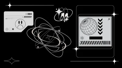 Retro computer windows, a globe and orbit rings float across black in simple white line art.