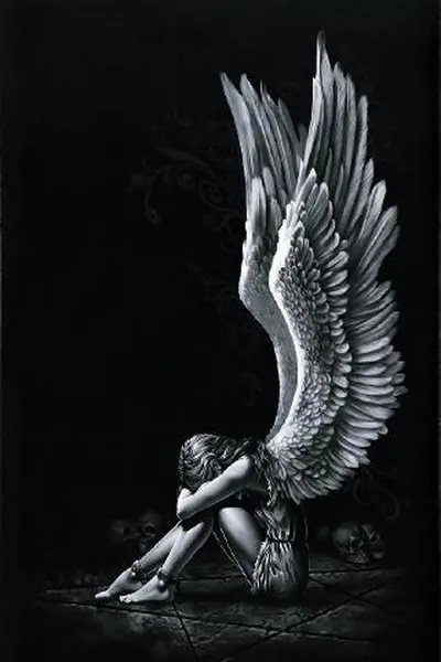 A grieving angel sits with her head on her knees while one huge feathered wing sweeps up the right side, the upper left kept almost entirely black.