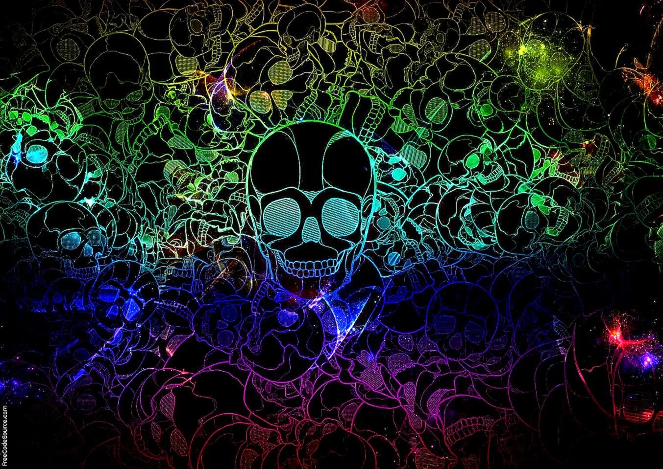 A tangle of skull outlines glows in green, blue, purple and pink over black, one larger skull holding the centre.