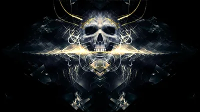A skull forms out of mirrored fractal threads and gold sparks, the pattern spreading sideways into black at both edges.