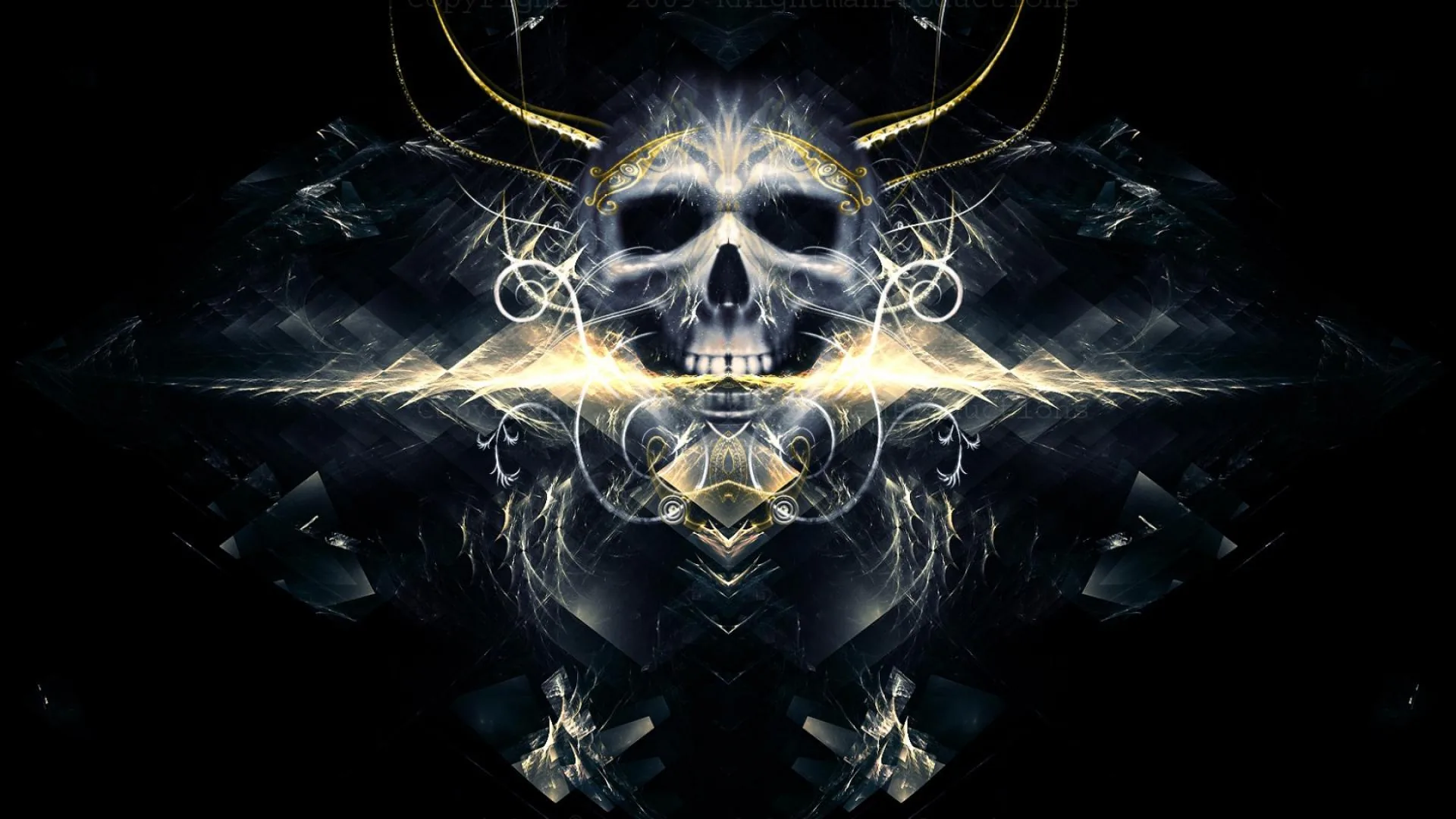 A skull forms out of mirrored fractal threads and gold sparks, the pattern spreading sideways into black at both edges.