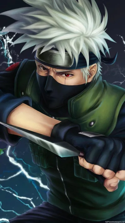 Kakashi levels a kunai across his chest in this portrait crop, faint lightning flickering through the dark background above his silver hair.
