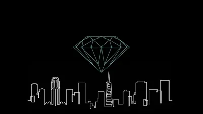 A single white outline draws a diamond floating above a row of skyscrapers, the top half of the frame left completely black.