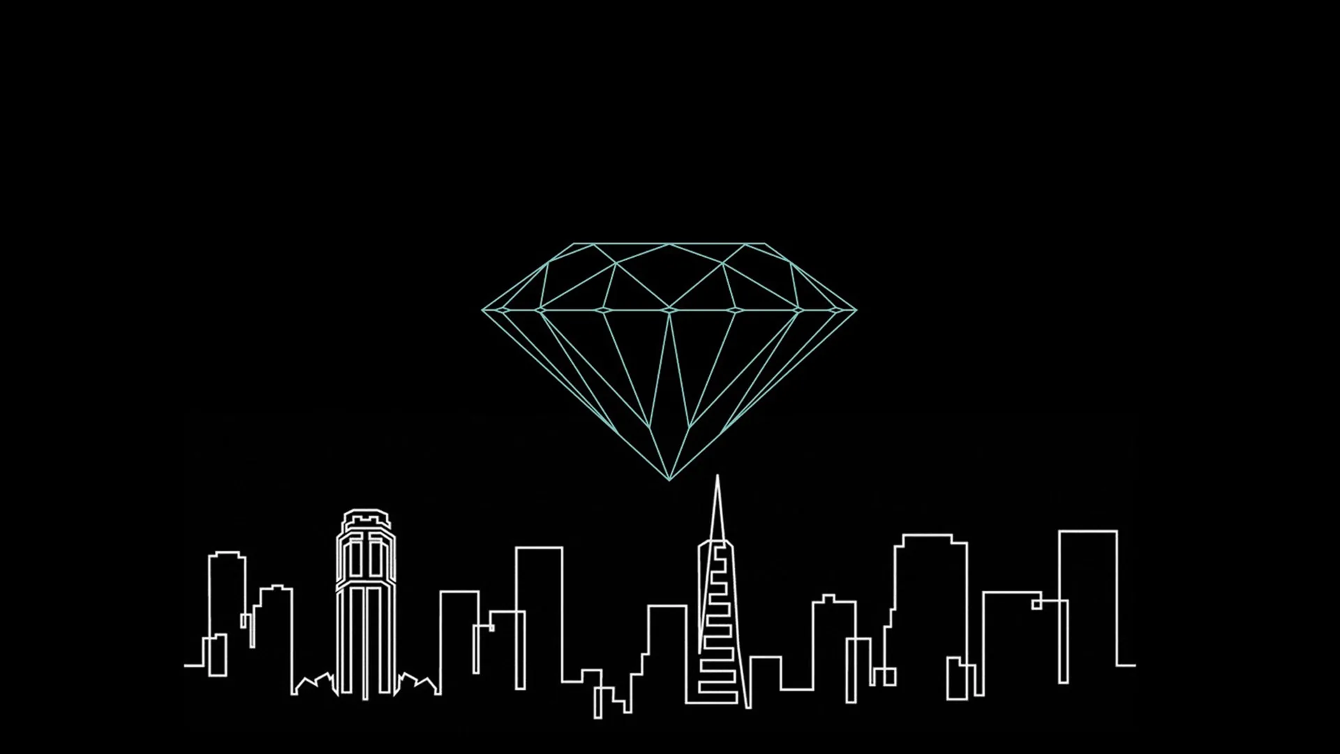 A single white outline draws a diamond floating above a row of skyscrapers, the top half of the frame left completely black.