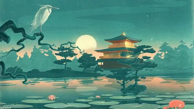 A warm-lit pavilion stands over still water right of centre, a white heron crossing the upper left with lily pads along the bottom edge.