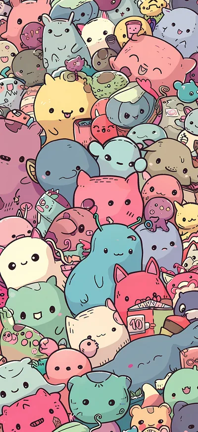 Dozens of soft coloured blob monsters squeeze shoulder to shoulder from edge to edge, so busy that any widget will hide several faces at once.