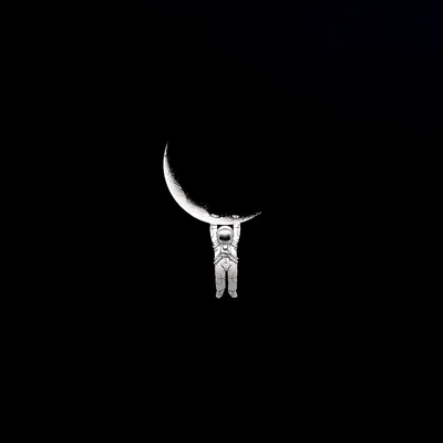 A tiny astronaut dangles from the tip of a crescent moon on a pure black field, everything but the centre left empty for AMOLED screens.