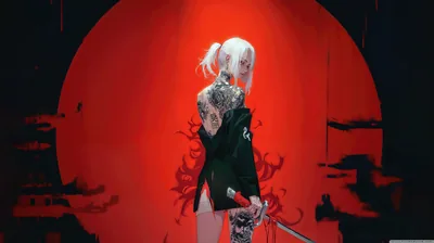 A tattooed girl in a green jacket turns away from a huge red disc, red spider lilies and a katana blade rising around her legs.