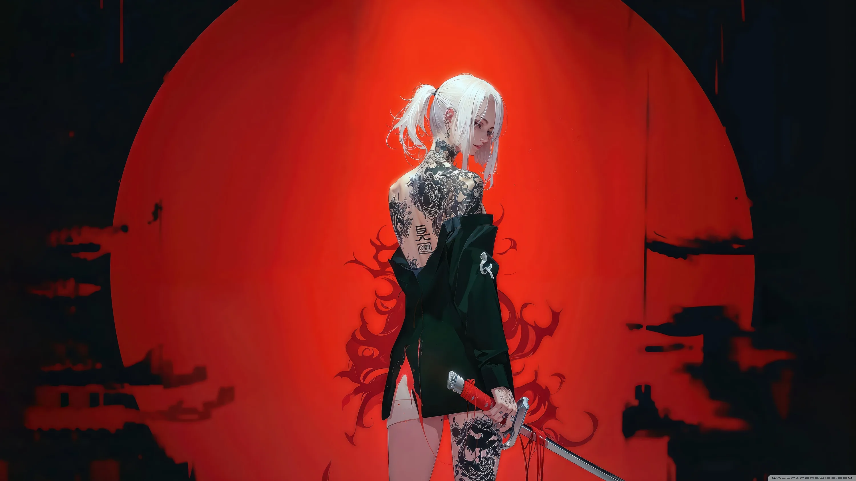 A tattooed girl in a green jacket turns away from a huge red disc, red spider lilies and a katana blade rising around her legs.