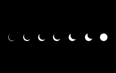 Seven moon phases run in a straight line across the middle of a black field, from a thin crescent on the left to a full disc on the right.
