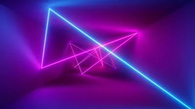 Pink and blue laser beams cross a hazy violet room in 3D render style, meeting near the middle so the corners stay clean for icons.