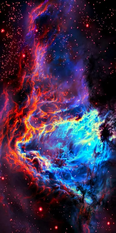 Flame-like red filaments on the left run into an electric blue cloud on the right, the two colours colliding down a tall portrait frame.