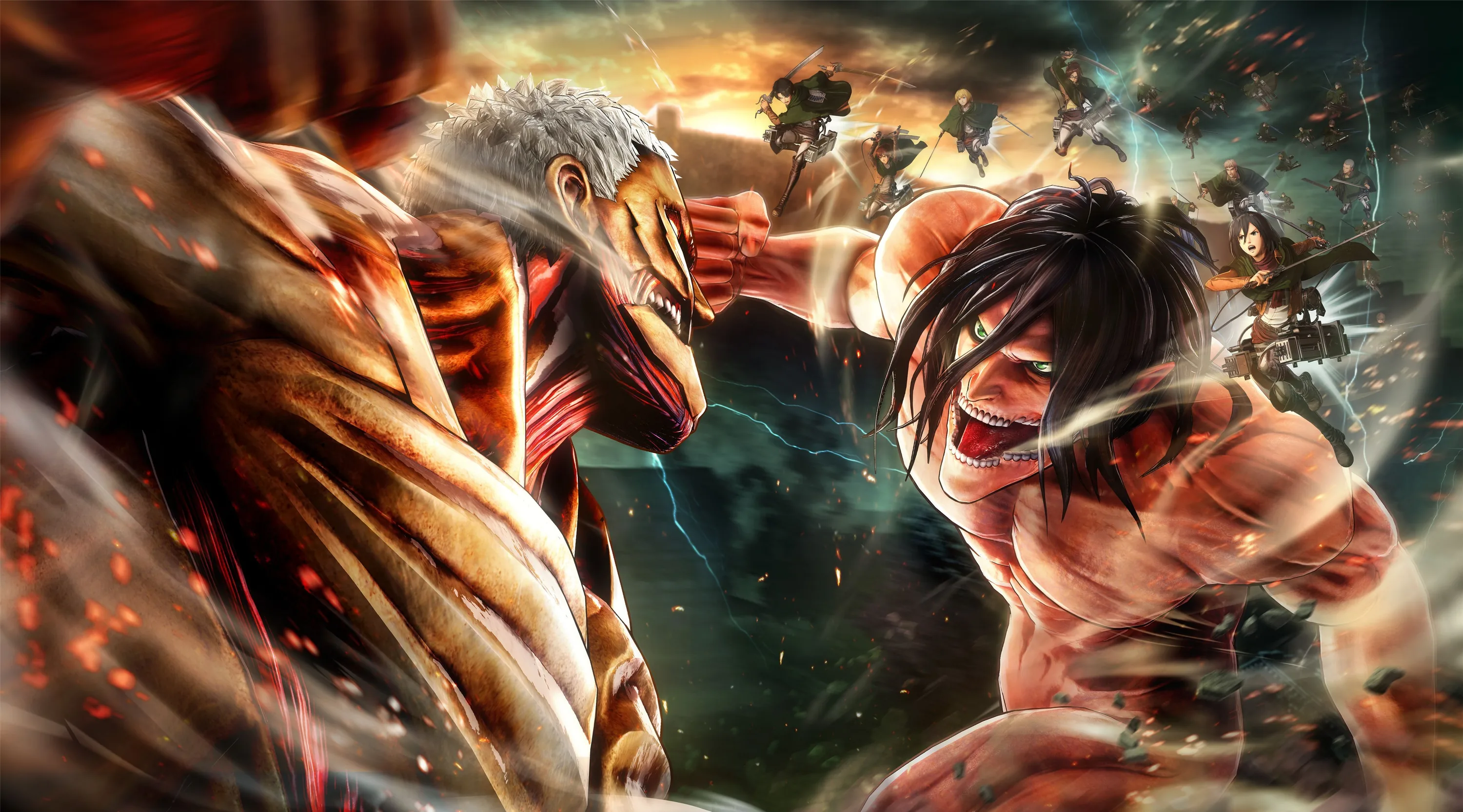 The plated titan clamps a hand over the other's face mid-fight, dust and embers filling the gap between them.