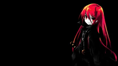 A red-haired girl in a dark coat stands to the right, her hair and eyes the only colour across an otherwise pure black frame.
