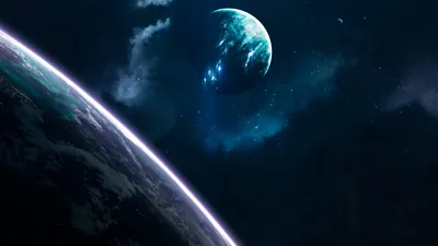 A planet curves along the bottom left with a thin lit rim, a second blue-green world hanging above it and cloud drifting between the two.