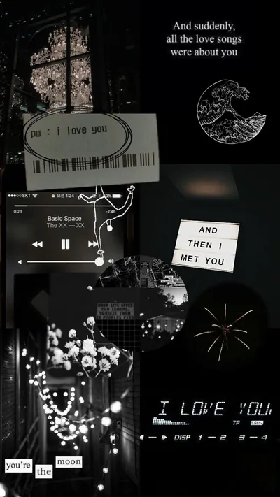A grid of black and grey cuttings — a paused music player, a printed I love you, a sparkler, scraps of handwriting — assembled on a matte black board.