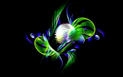 Curling green petals and blue ribbons twist around a pale glowing core, the corners of the frame left entirely black.