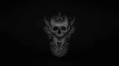 A horned skull crest sits small and dim at the centre of a charcoal field, the detail only readable once your eyes adjust.