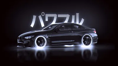 White light bars run along the sills and under the arches of a black M4, Japanese katakana glowing above the roofline against a black backdrop.