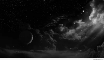 A pale planet drifts behind banks of grey cloud, stars scattered thin across the black and light breaking in from the upper right.