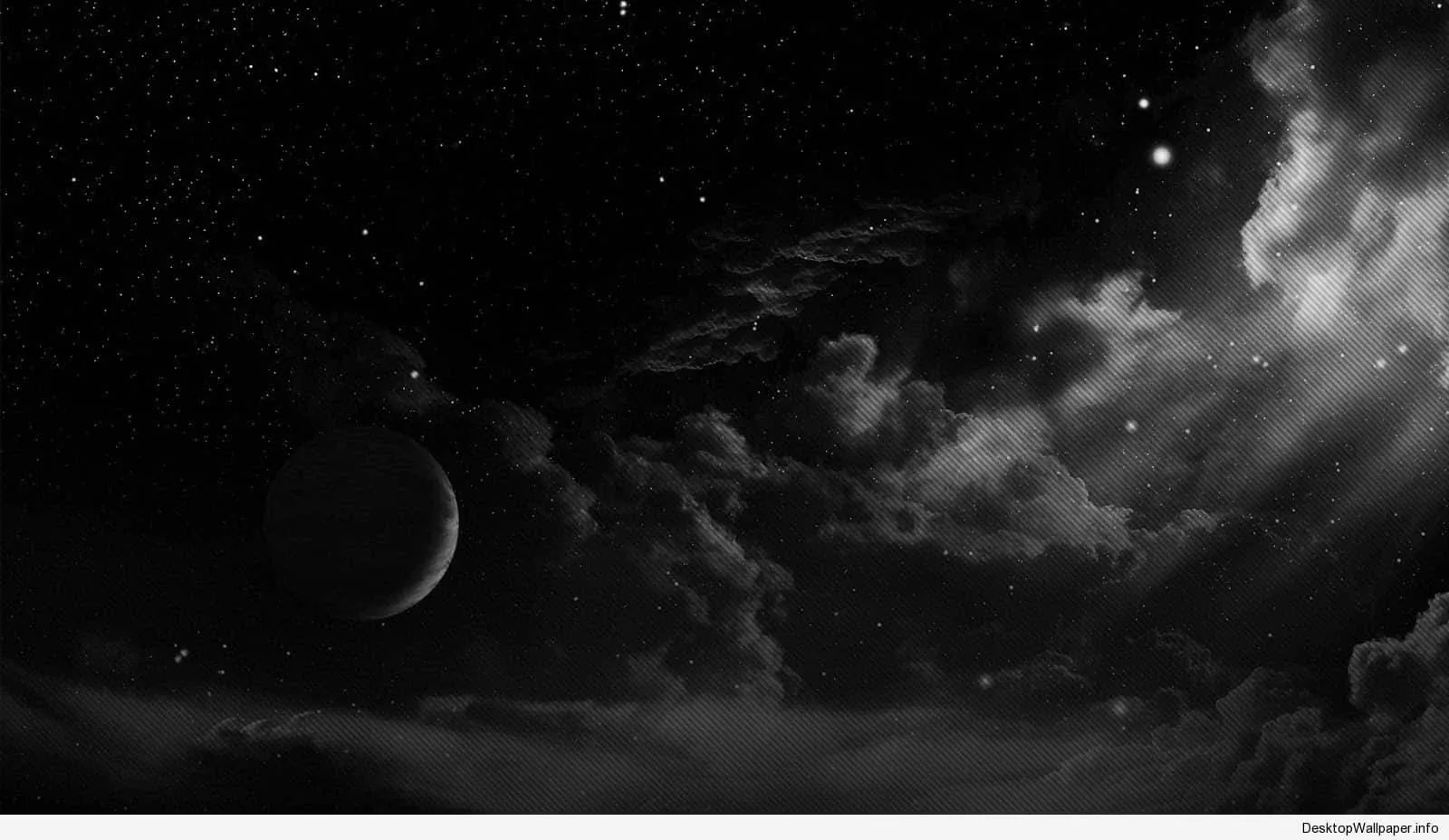 A pale planet drifts behind banks of grey cloud, stars scattered thin across the black and light breaking in from the upper right.