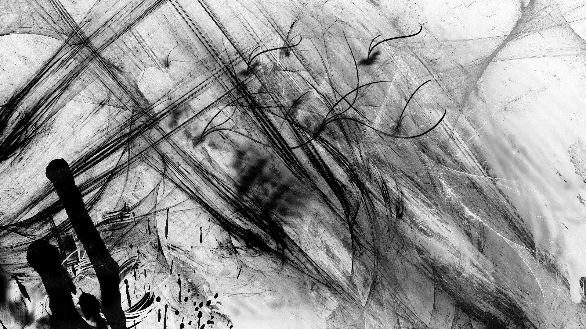 Rough black brush strokes rake diagonally across a white ground, with a heavier blot anchoring the bottom left corner.