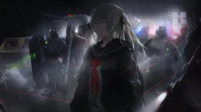 A girl in a dark sailor uniform walks through night rain while red targeting lines and blue lamps cut across the mech shapes behind her.
