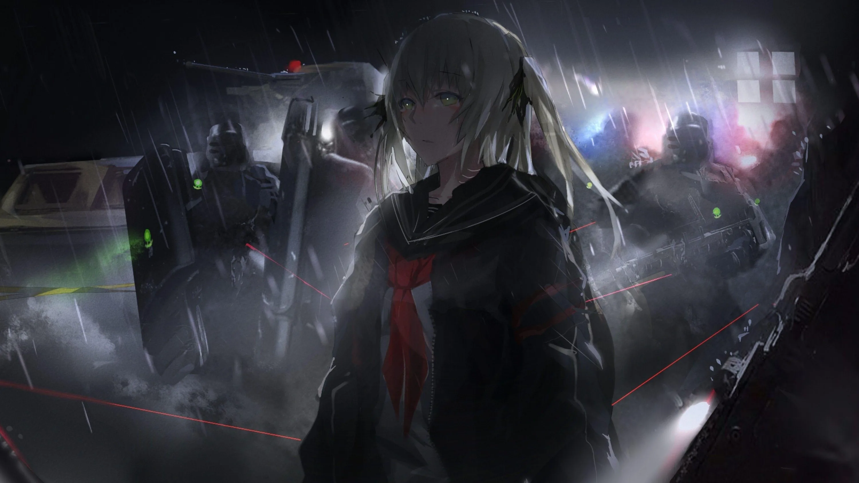 A girl in a dark sailor uniform walks through night rain while red targeting lines and blue lamps cut across the mech shapes behind her.