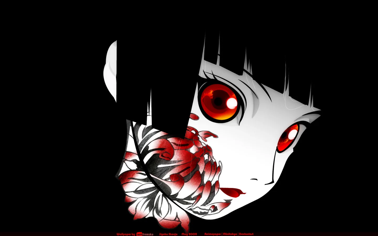 Half a pale face emerges from deep black, one red iris wide open beside a cluster of crimson spider lilies at her collar.