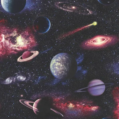 A repeating printed pattern of ringed planets, spiral galaxies, Earth and comets packed onto black — decor-style art with no empty areas.