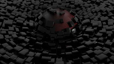 Thousands of matte cubes tile a dark plane and part around a red-lit sphere at the centre, small blocks floating loose above the crater.