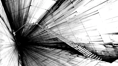 Hundreds of hatched lines shoot outward from a point on the left, forming what looks like a bridge span in high-contrast monochrome.
