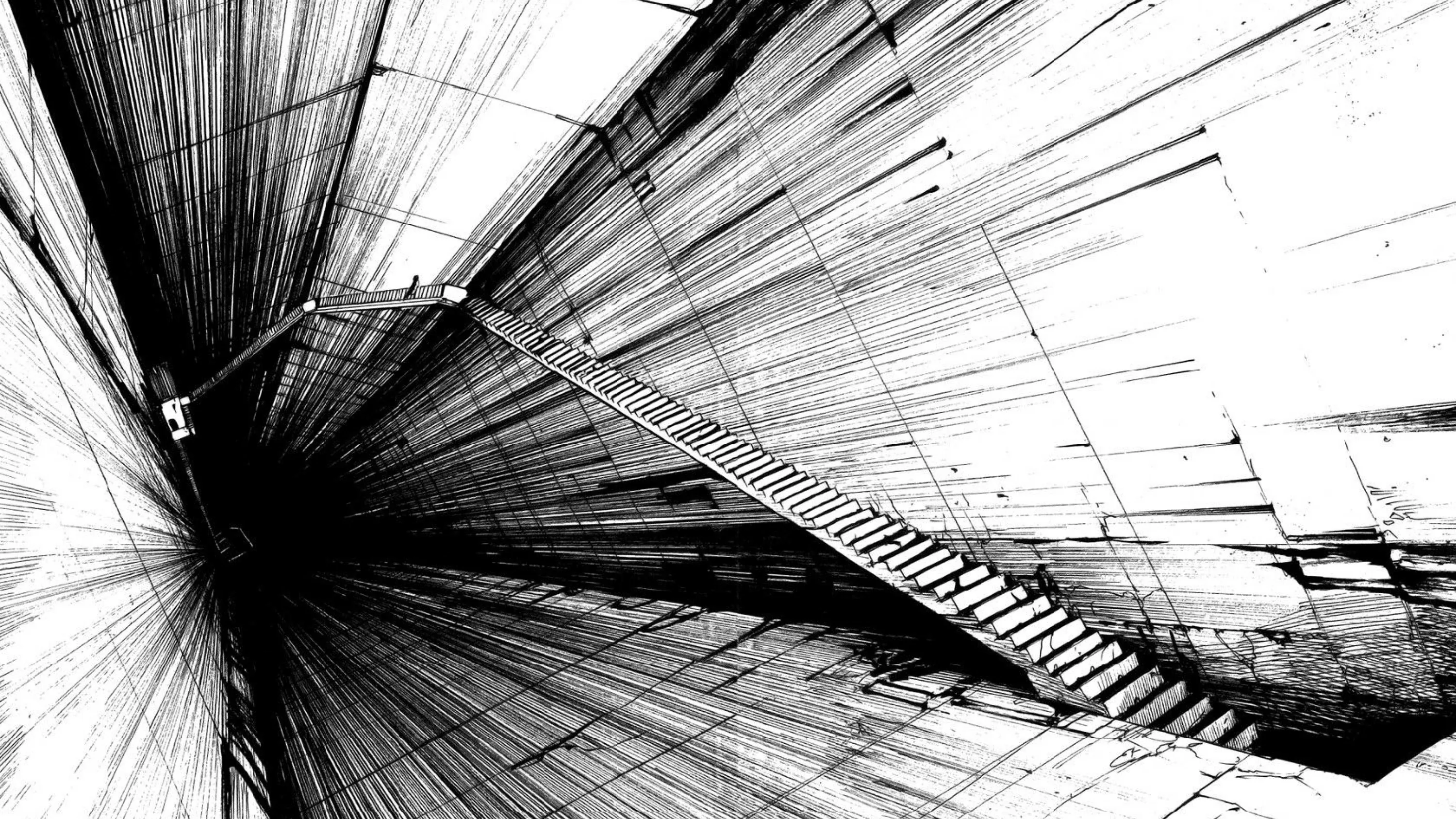 Hundreds of hatched lines shoot outward from a point on the left, forming what looks like a bridge span in high-contrast monochrome.