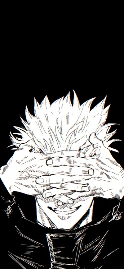 High-contrast ink art of Gojo pressing both hands over his eyes, spiked white hair against solid black in a tall phone crop.