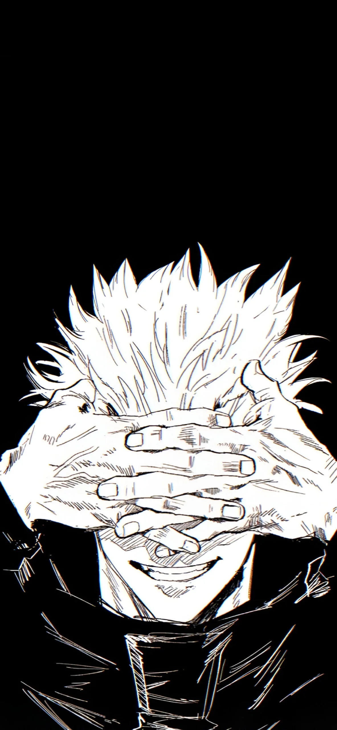 High-contrast ink art of Gojo pressing both hands over his eyes, spiked white hair against solid black in a tall phone crop.