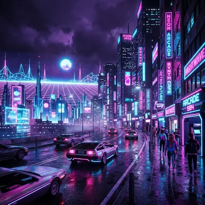 Retro sports cars roll past arcade signs while a grid horizon and full moon fill the sky, the square crop suiting tablets and album art.