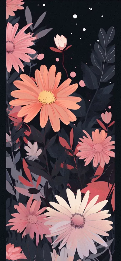 A flat illustration of coral and cream daisies rises through grey stems and leaves, small white dots scattered across the charcoal background like snow.