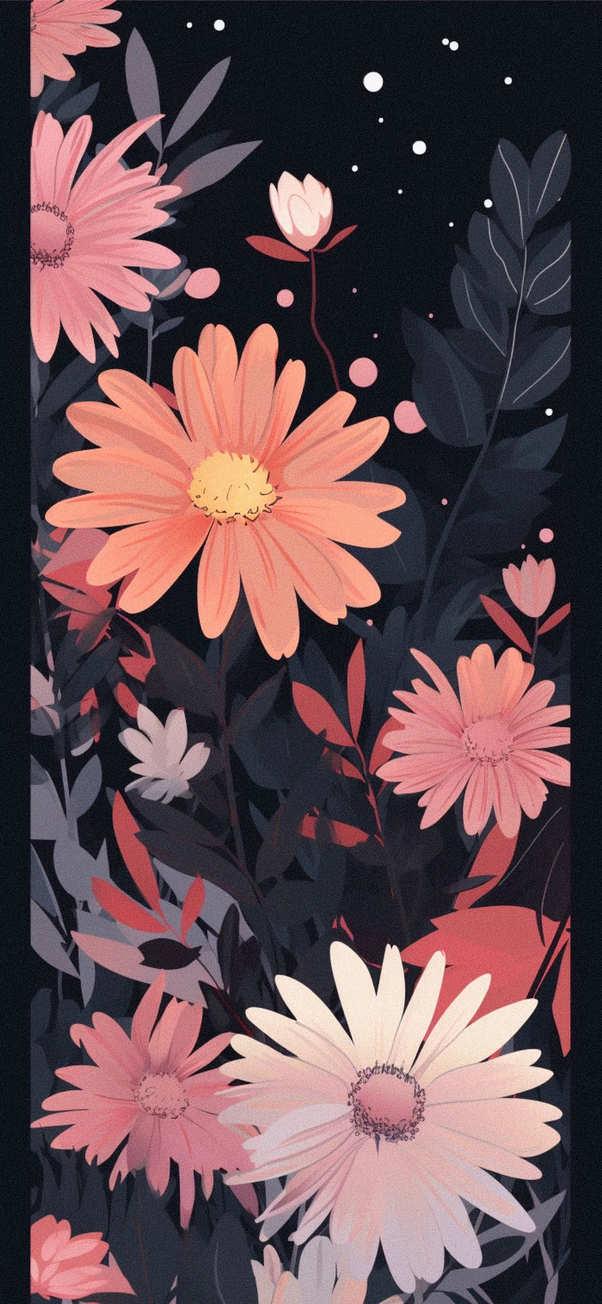 A flat illustration of coral and cream daisies rises through grey stems and leaves, small white dots scattered across the charcoal background like snow.