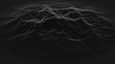 A jagged terrain mesh rises out of black in fine lines, thinning until it disappears at the edges.