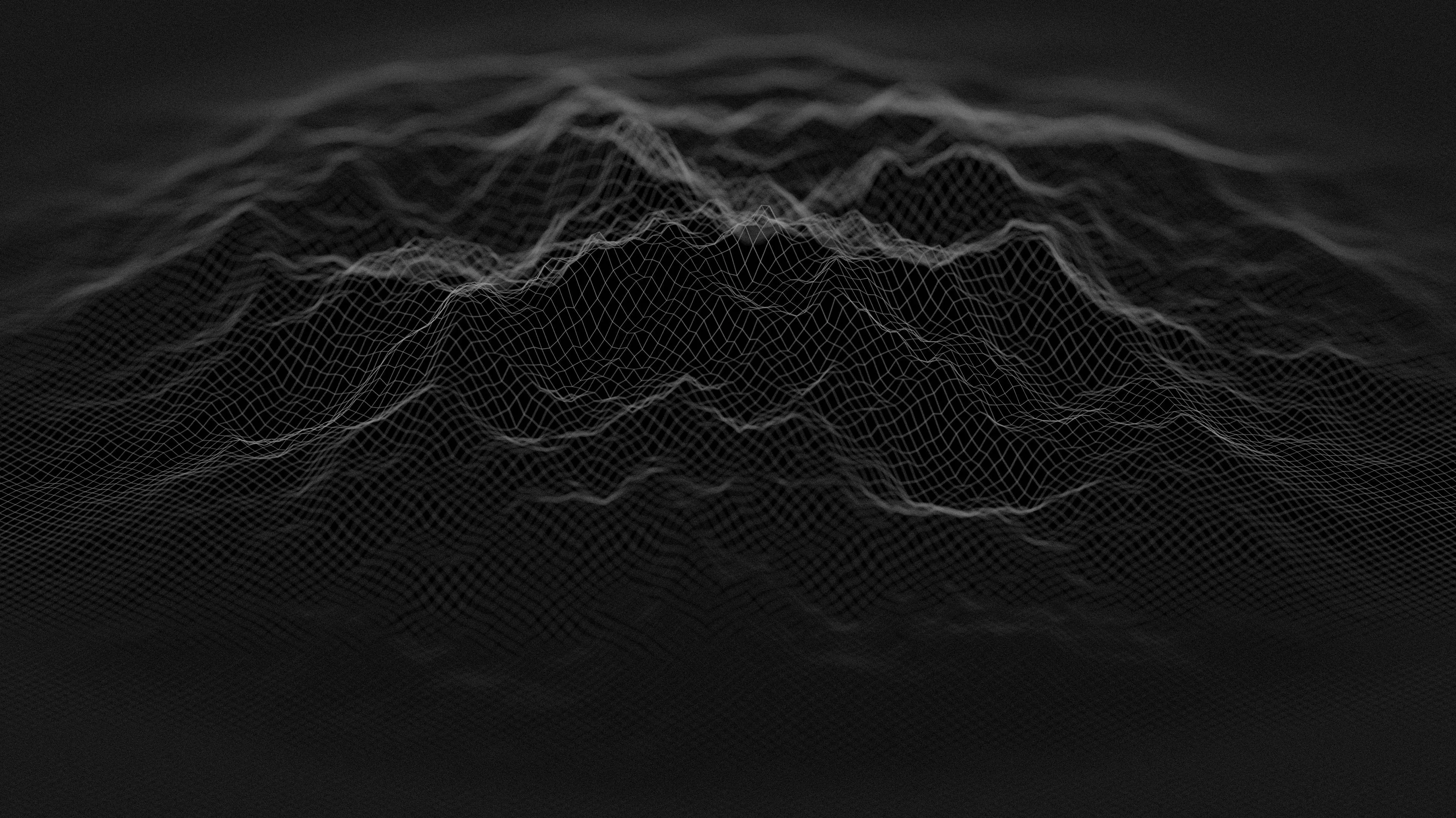 A jagged terrain mesh rises out of black in fine lines, thinning until it disappears at the edges.