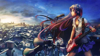 A long-haired girl in headphones plays a red guitar above a sprawling blue city, her mic stand leaning into the cold light coming from the left.