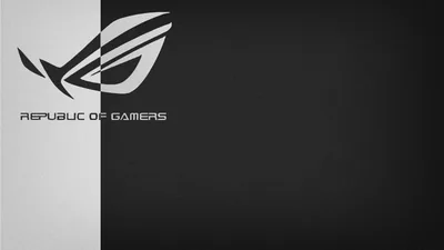 The Republic of Gamers eye and lettering sit on the pale left panel, the right two thirds left as empty dark grey.
