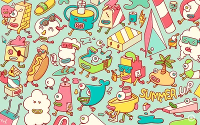 Juice cartons, hot dogs and surfboards with cartoon faces jam every inch around the words Summer Up, so desktop icons will always overlap a drawing.