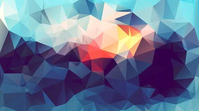 Low-poly facets in slate blue and navy break around a molten orange-yellow glow just left of centre, like sunrise seen through cracked ice.