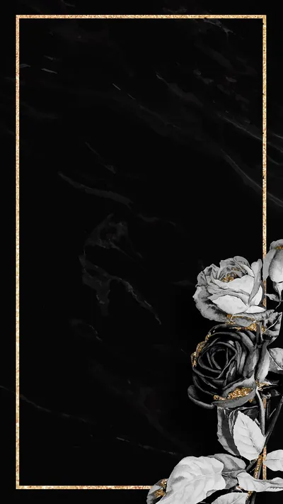 A thin gold border traces a tall black marble panel, with grey and white roses crowding in from the right edge and the centre left clear.