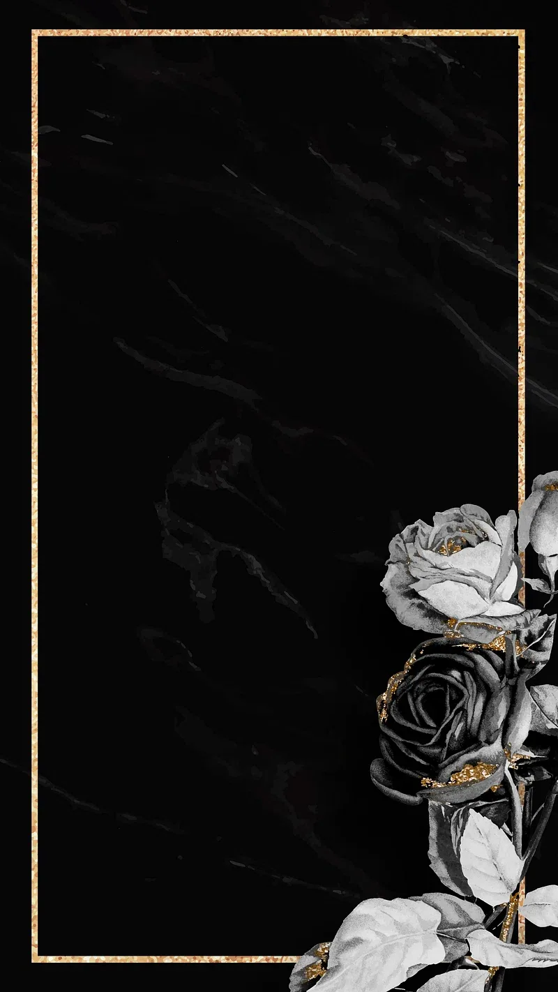 A thin gold border traces a tall black marble panel, with grey and white roses crowding in from the right edge and the centre left clear.