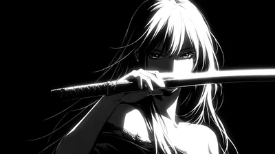 A girl raises a katana horizontally across her eyes, her hair and skin rendered in high-contrast black and white with no midtones at all.